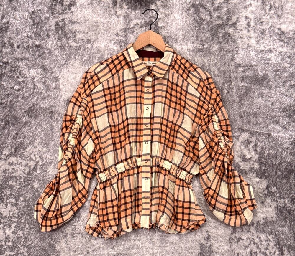 Free People Flannel Top XS Womens Wool Blend Plaid Smock Peplum Snap Shirt